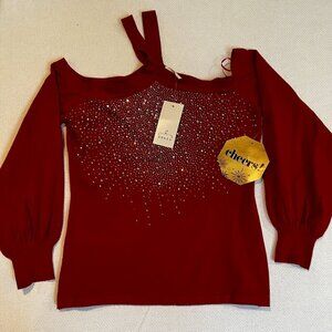 EMBER Womens Size Small Long Sleeve Red‎ Bright Studded Cut Out Neckline Sweater